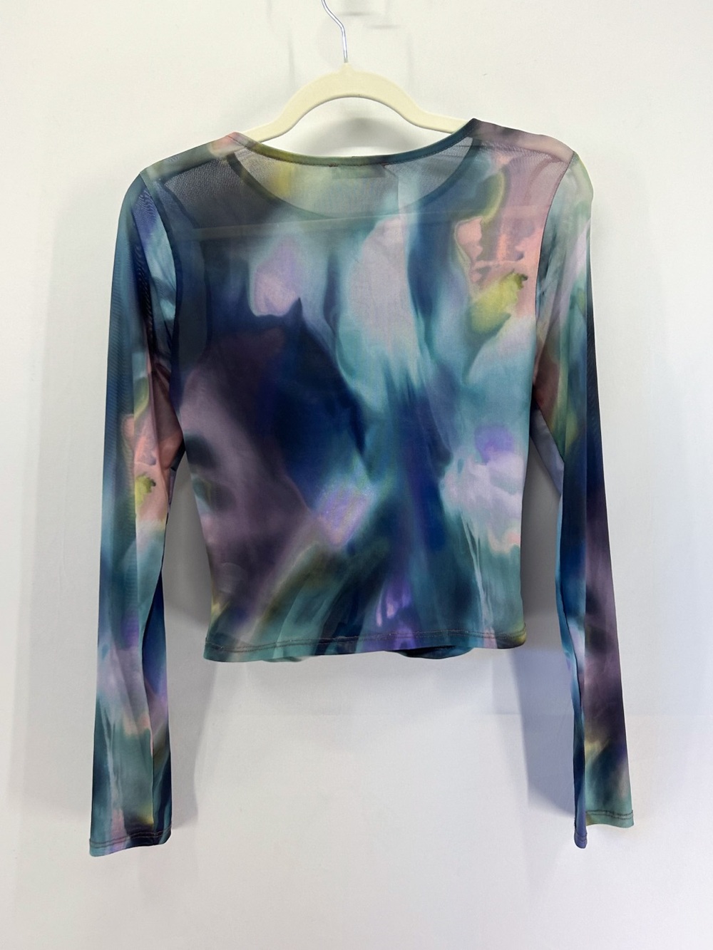 Urs Y2K Watercolor Space Mesh Sheer Long Sleeve Ruched Blouse Large - Picture 3 of 7